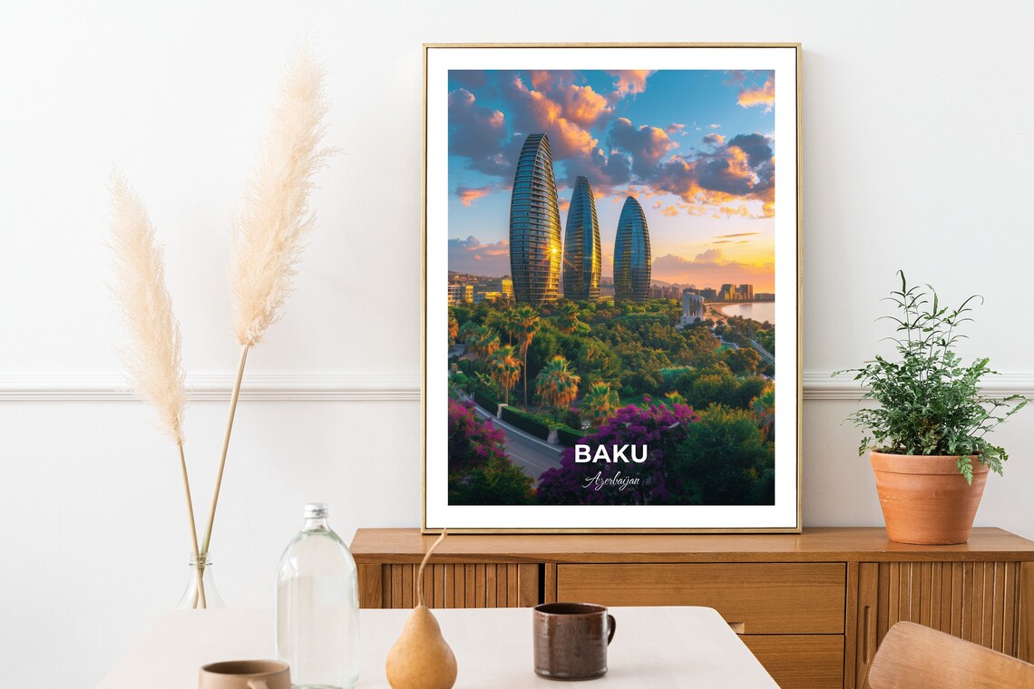 Baku Azerbaijan Flame Towers Sunset Modern Skyline Travel Poster - Image 2
