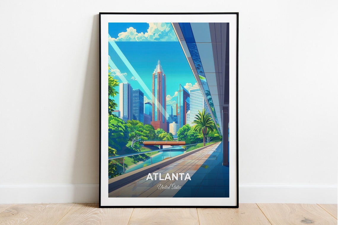 Atlanta City Skyline Riverwalk Towers Daylight Travel Poster