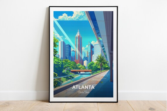 Atlanta City Skyline Riverwalk Towers Daylight Travel Poster