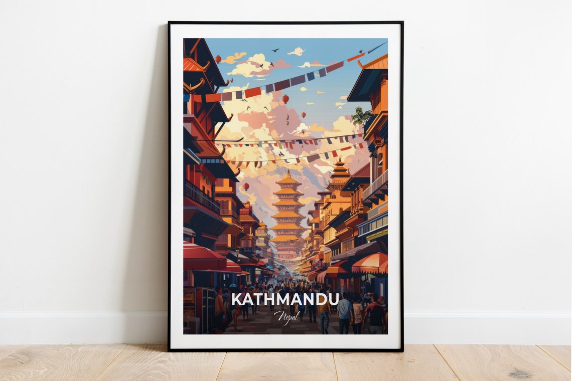 Kathmandu Nepal Thamel Street Pagoda Crowd Flags Travel Poster