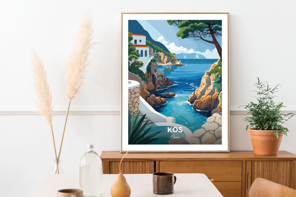 Kos Greece Rocky Cove Turquoise Sea Blue Stone Pool Art Poster - Image 3