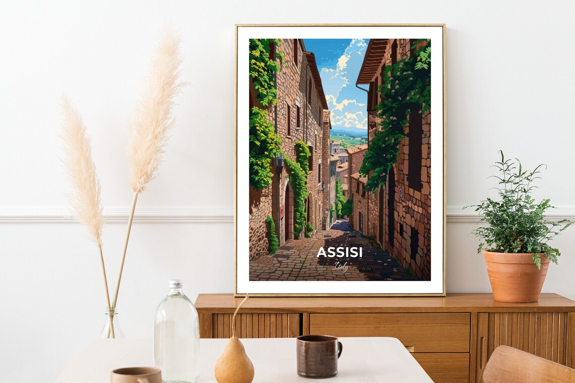 Assisi Italy Stone Alley Ivy Covered Walls Sunny Historic Charm Poster - Image 2