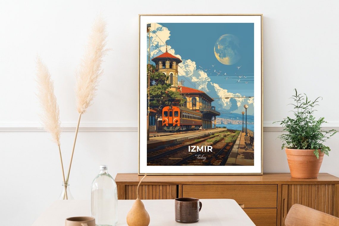 Izmir Turkey Alsancak Train Station Travel Poster Moonlight Retro Art - Image 2