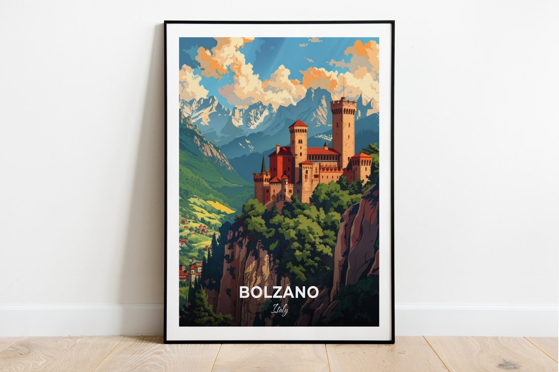 Bolzano Italy Cliffside Castle Alpine Peaks Mountain Travel Poster