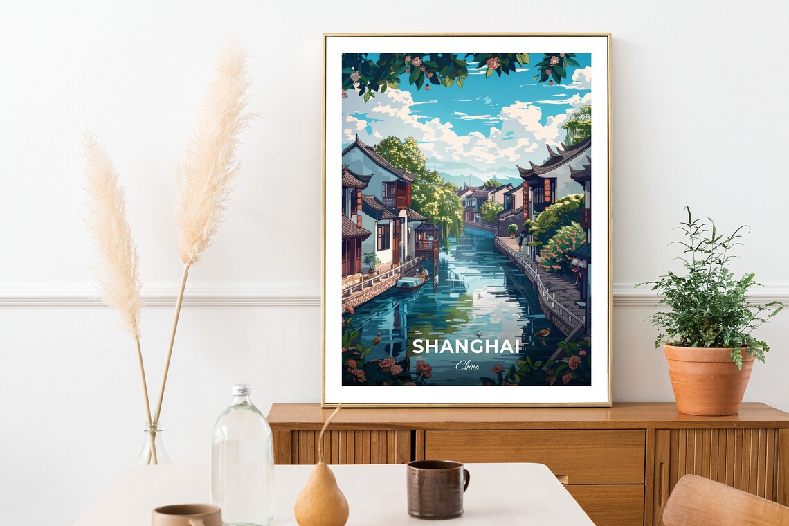 Shanghai China Qibao Ancient Town Water Canal Scene Travel Poster - Image 2