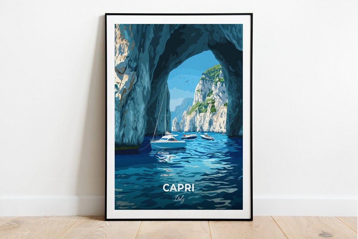 Capri Italy Blue Grotto Cave Arch Boats Turquoise Sea Travel Poster