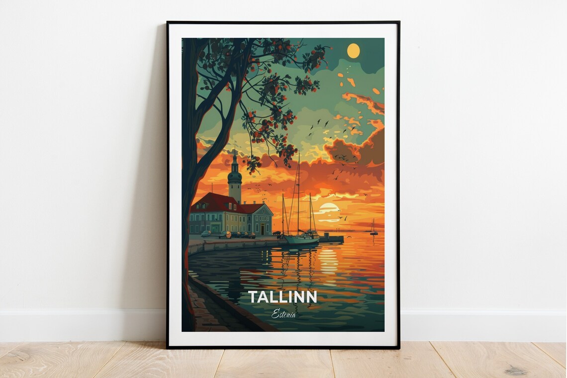 Tallinn Estonia Harbor Sunset Sailboats Golden Moon Travel Poster