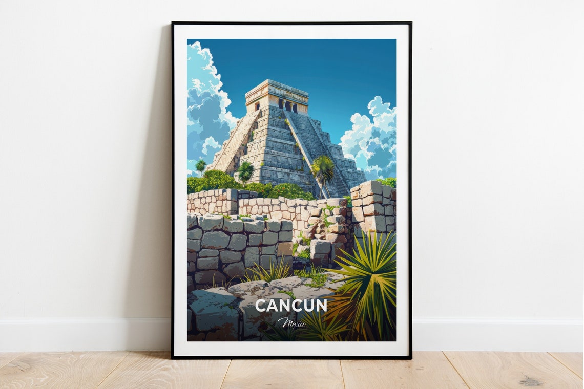 Cancun Mexico Maya Pyramid Ancient Stone Ruins Jungle Travel Poster