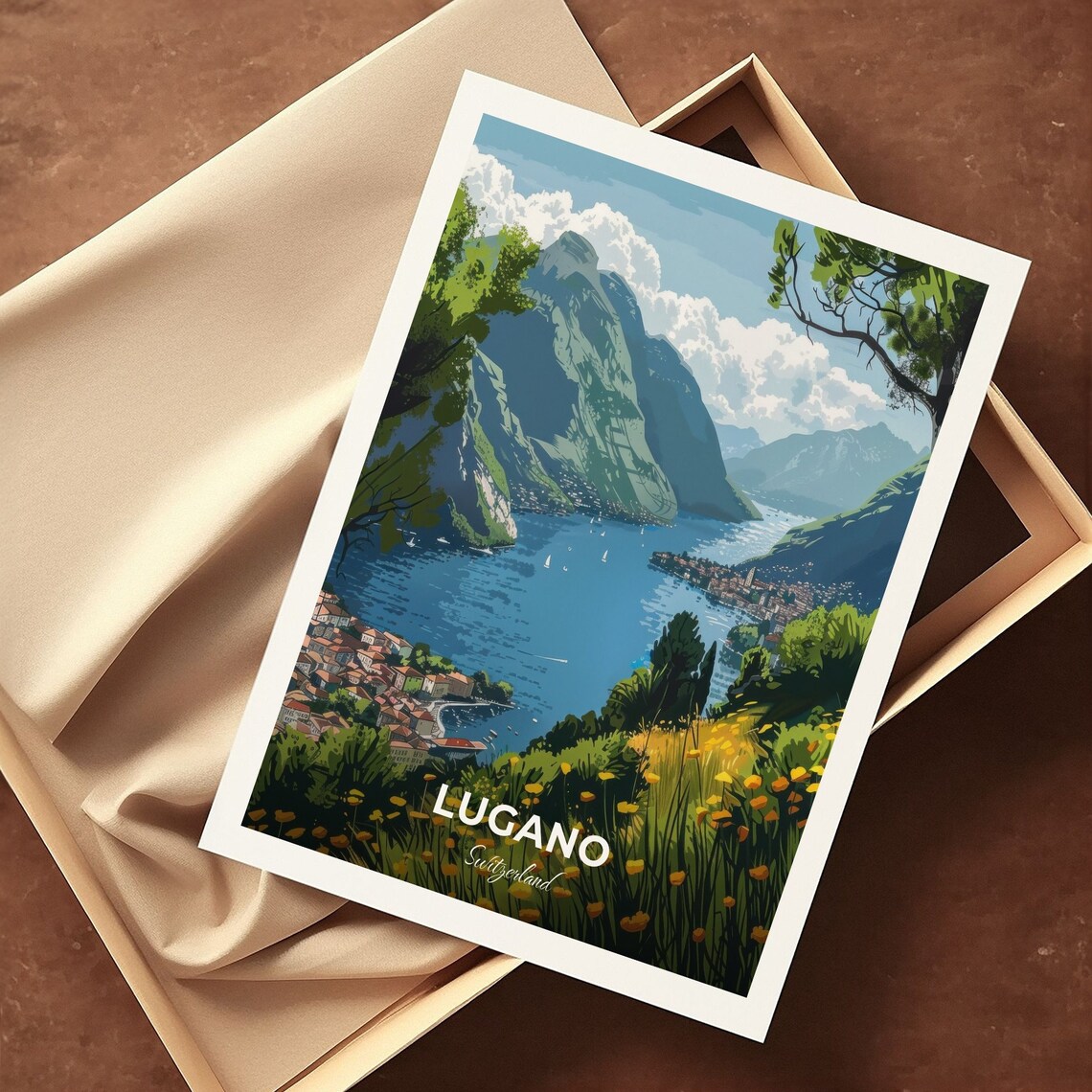 Lugano Switzerland Alpine Lake Panorama Sailboats Mountain Travel Poster - Image 3