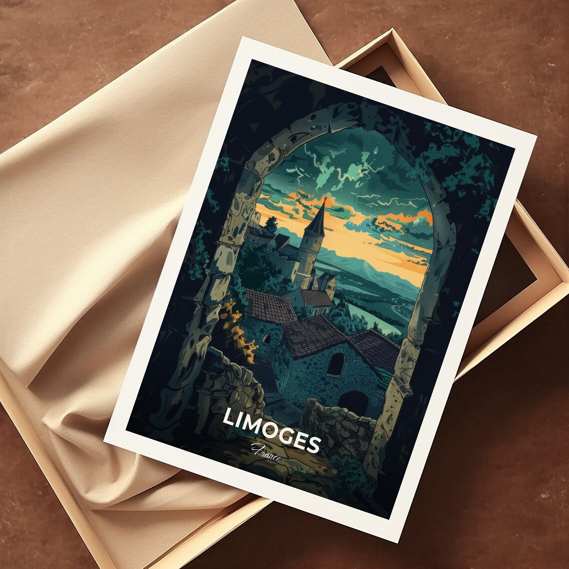 Limoges Stone Arch View of Old Church at Dusk France Heritage Travel Poster - Image 3