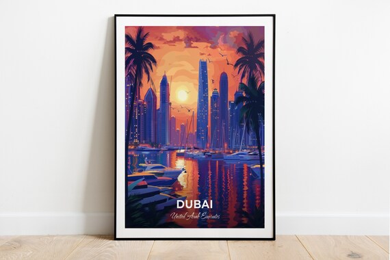 Dubai United Arab Emirates Marina Sunset Skyline Travel Poster