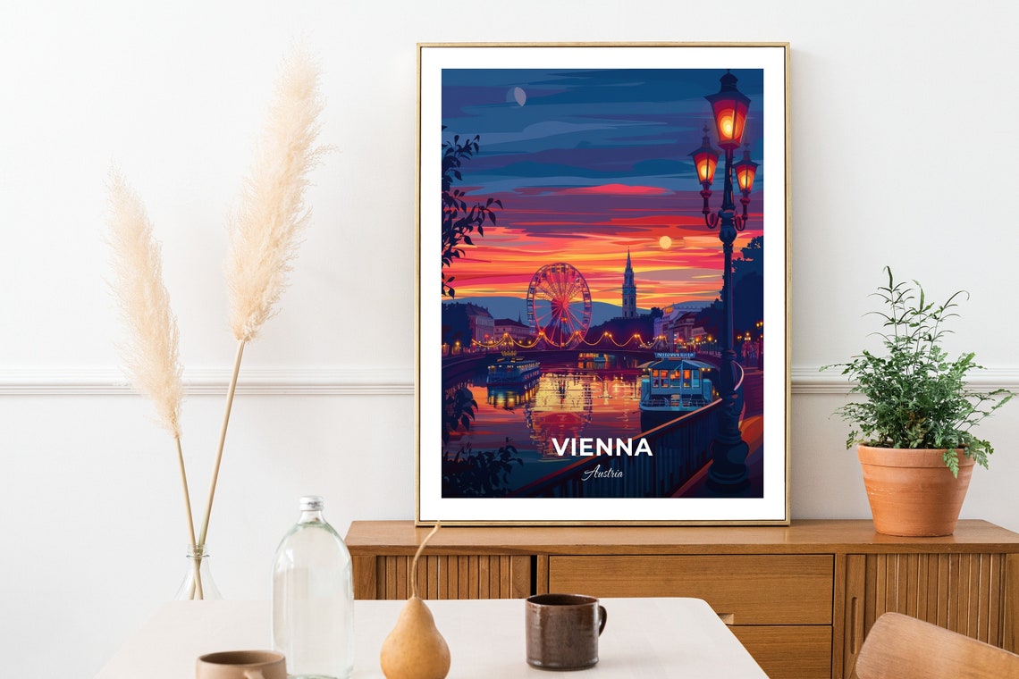 Vienna Austria Prater Ferris Wheel Sunset Riverside Nightfall Poster - Image 2
