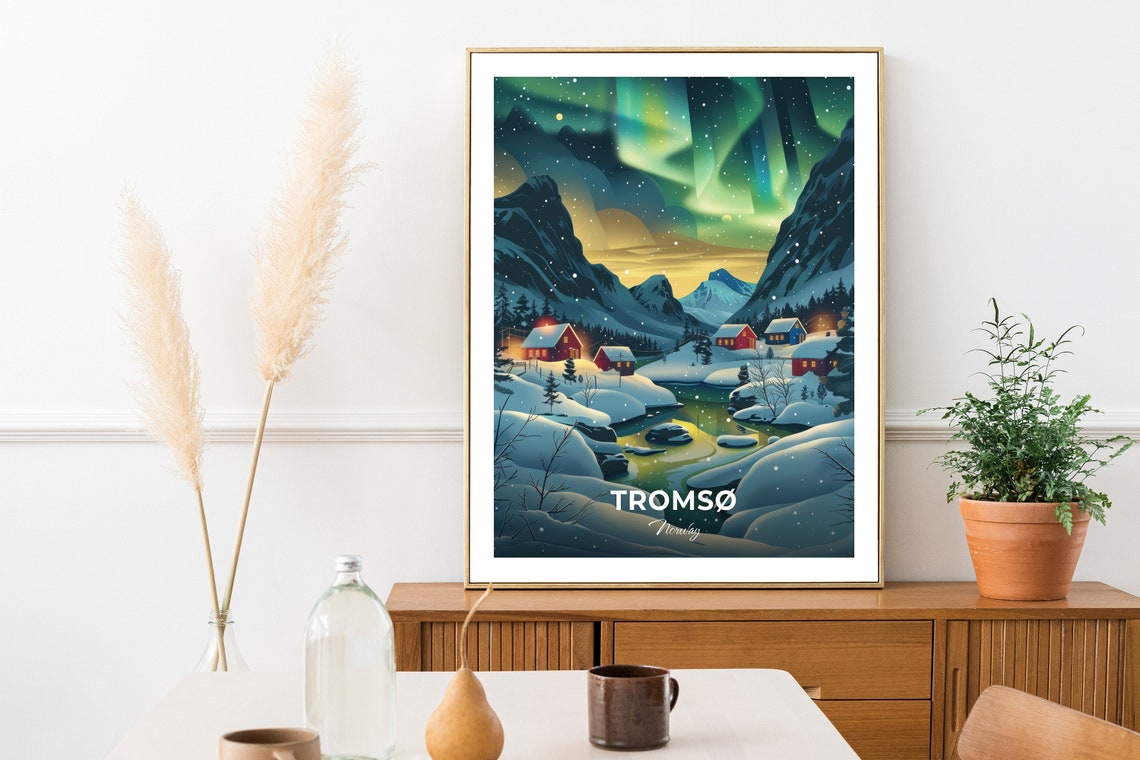 Tromso Norway Northern Lights Over Snowy Village Winter Poster - Image 2