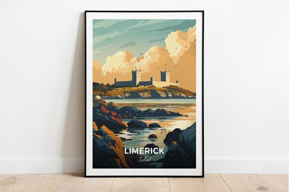 Limerick Ireland Medieval Castle Rocky Shore View Travel Poster