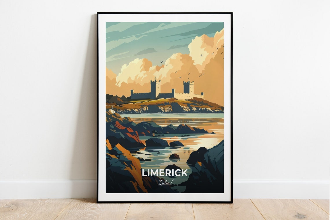 Limerick Ireland Medieval Castle Rocky Shore View Travel Poster