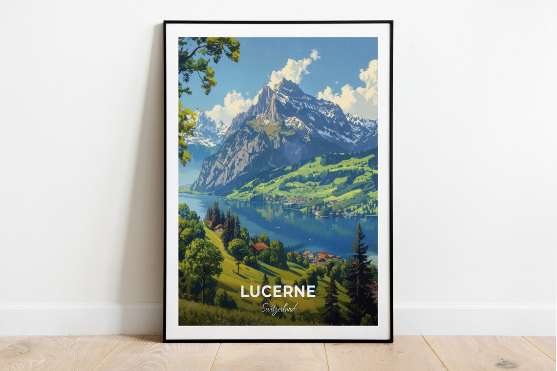 Lucerne Switzerland Pilatus Mountain Lake Meadow Summer View Poster