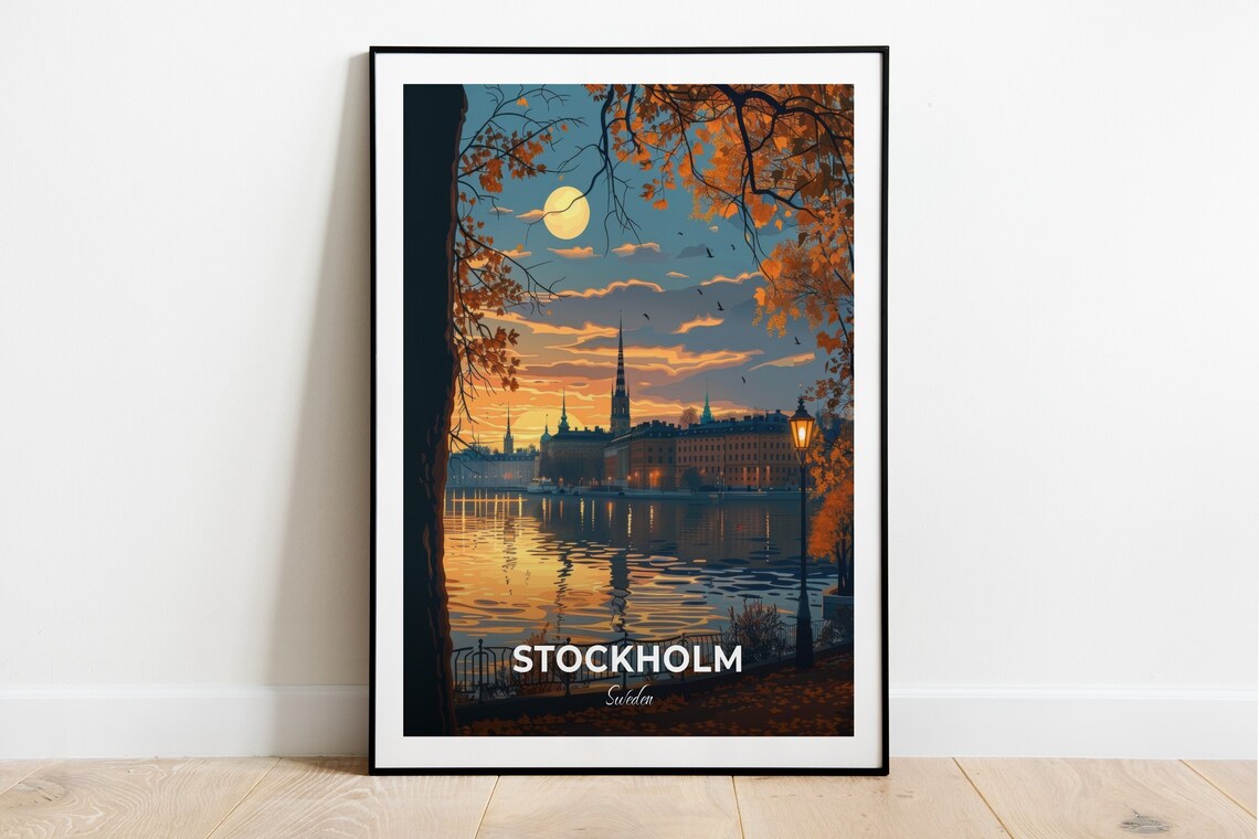 Stockholm Autumn Dusk Moonlit Waterfront City View Travel Poster