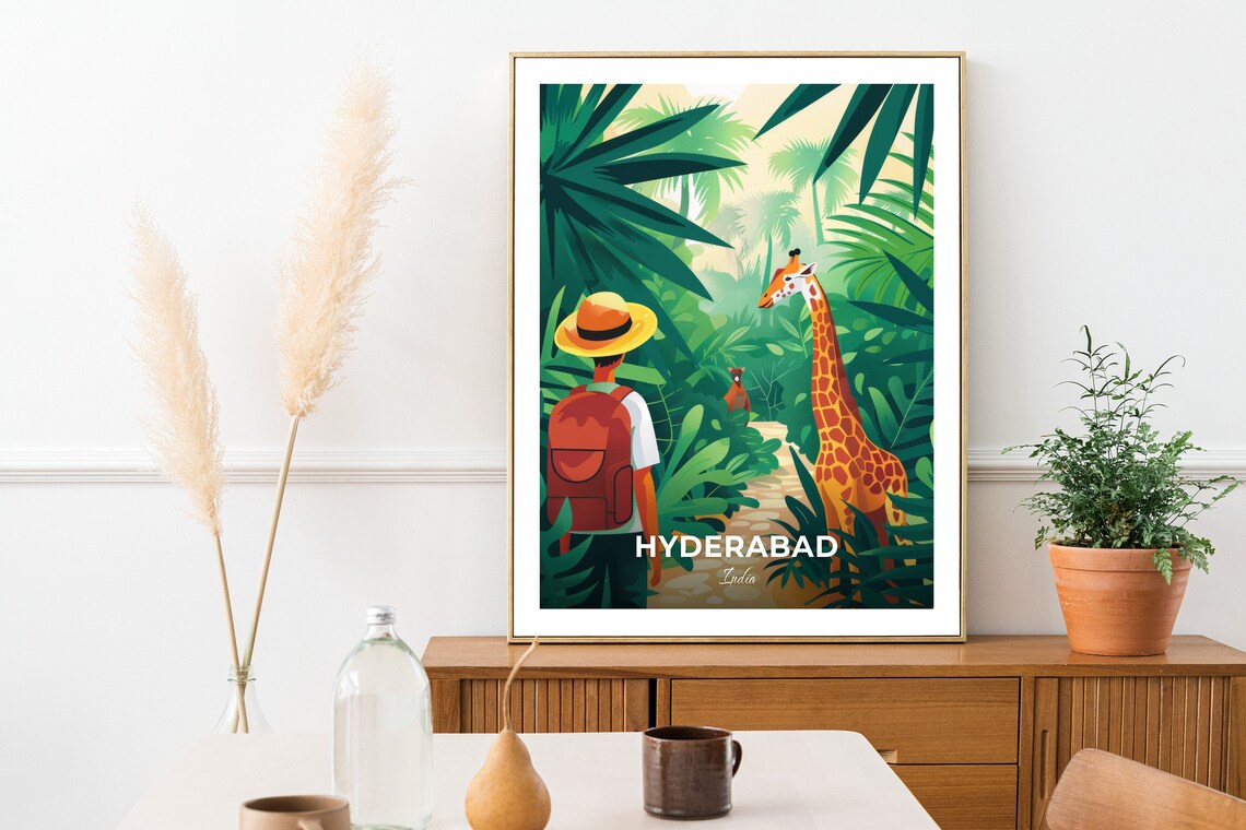 Hyderabad India Nehru Zoo Giraffe Jungle Safari Vintage Travel Poster - Image 2