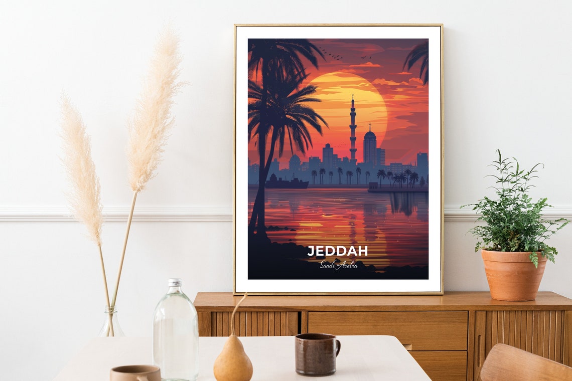 Jeddah Old Town Sunset Waterfront Mosque Silhouette Travel Poster - Image 2
