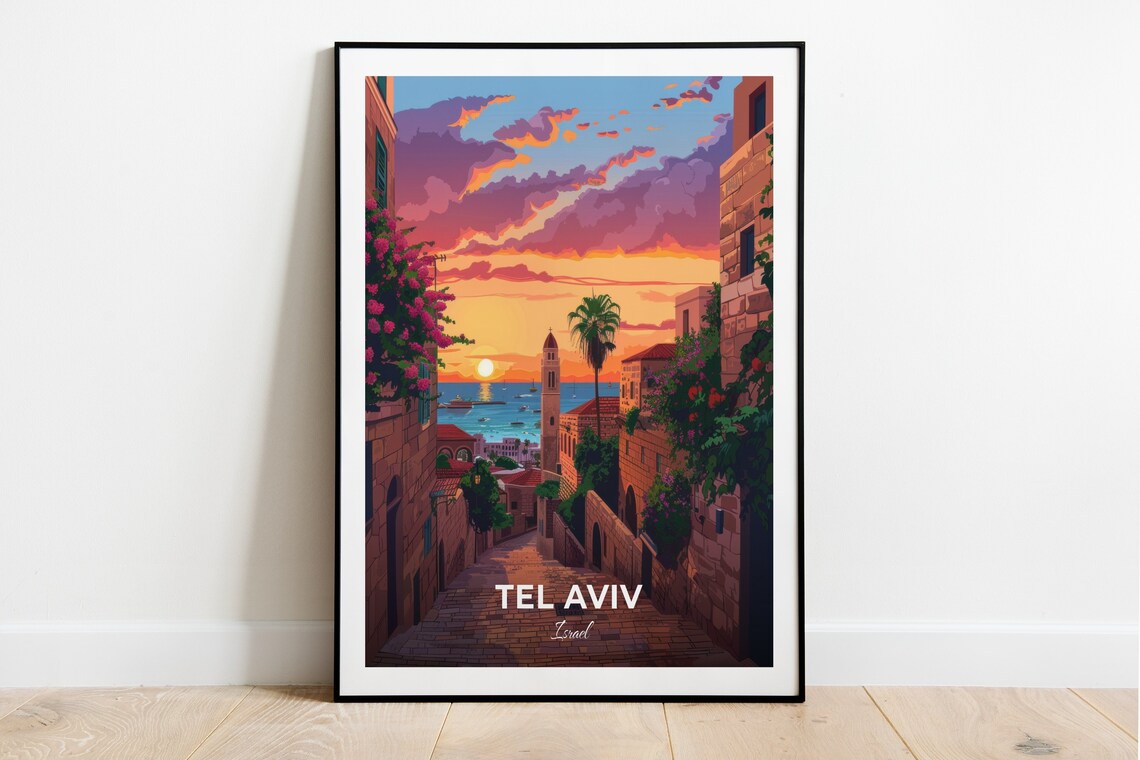 Tel Aviv Jaffa Old City Sunset Stone Lane Seaside Mediterranean Travel Poster