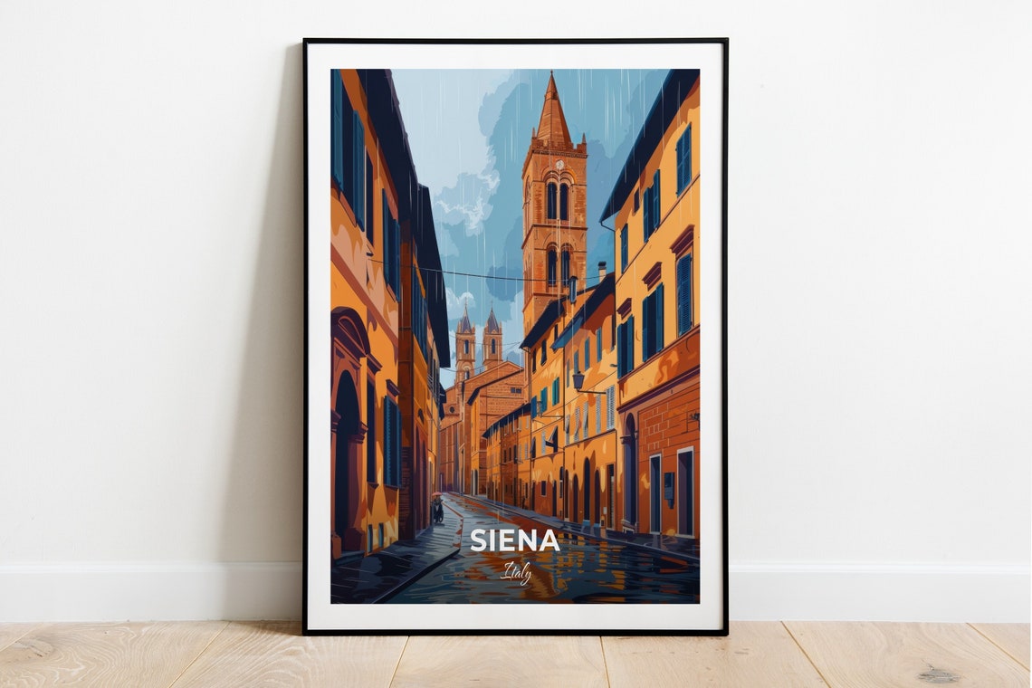 Siena Italy Rainy Medieval Street Bell Tower Evening Travel Poster