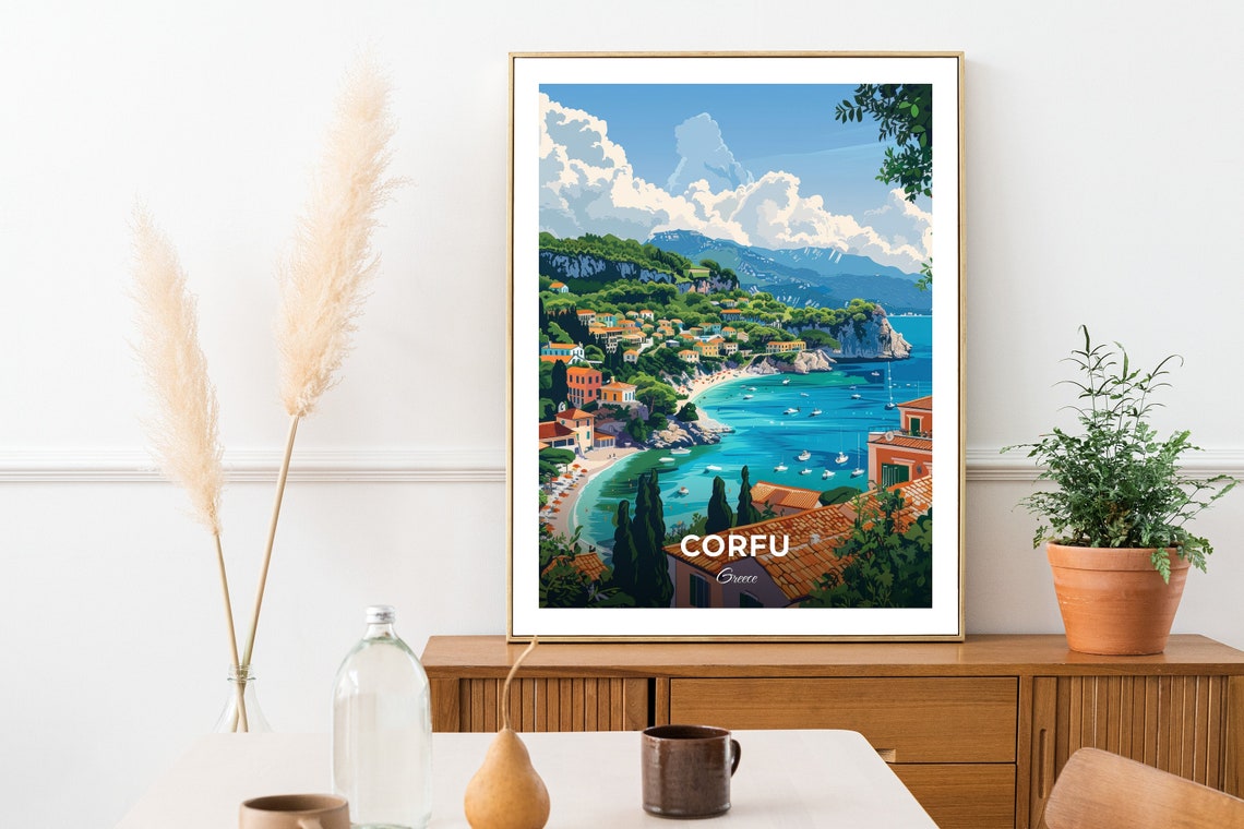 Corfu Greece Turquoise Bay Beach Town Mediterranean Travel Poster - Image 2