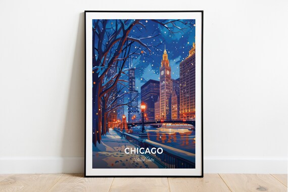 Chicago Riverwalk Snowy Night Clock Tower United States Travel Poster