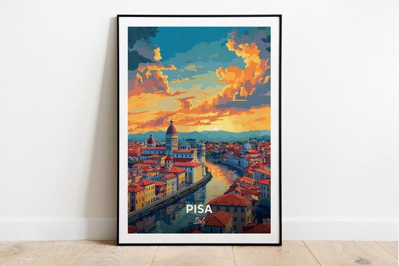 Pisa Italy Lungarno River Sunset Golden Sky Historic Cityscape View Poster
