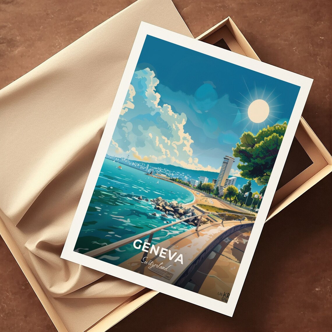 Geneva Switzerland Lakeside Promenade Sunny Day Lake Travel Poster - Image 3