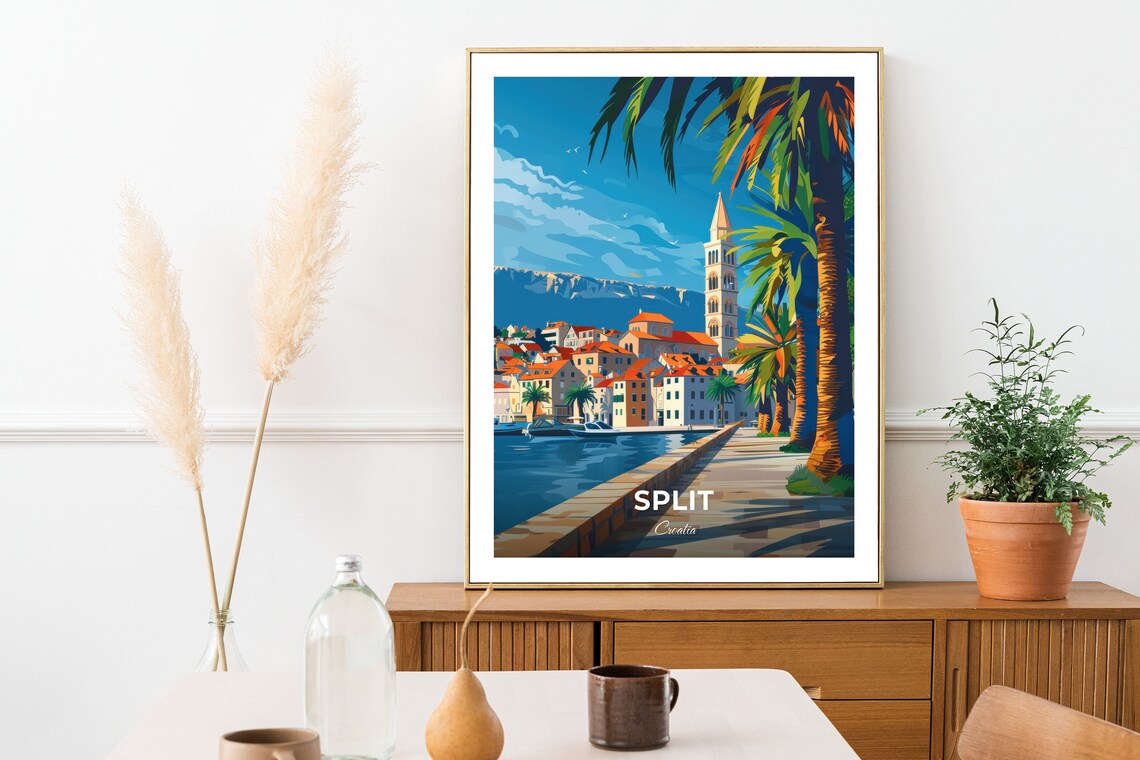 Split Harbor Promenade With Bell Tower And Palms Croatia Travel Poster - Image 2