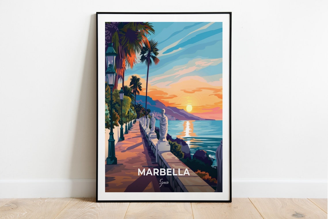 Marbella Spain Seaside Promenade Sunset Palms Statues Travel Poster