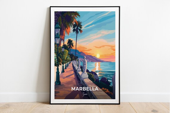 Marbella Spain Seaside Promenade Sunset Palms Statues Travel Poster