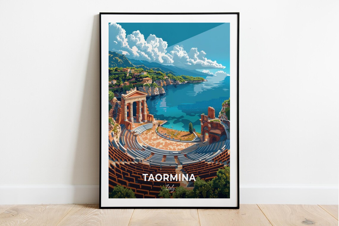 Taormina Italy Ancient Greek Theatre Sea View Ruins Travel Poster