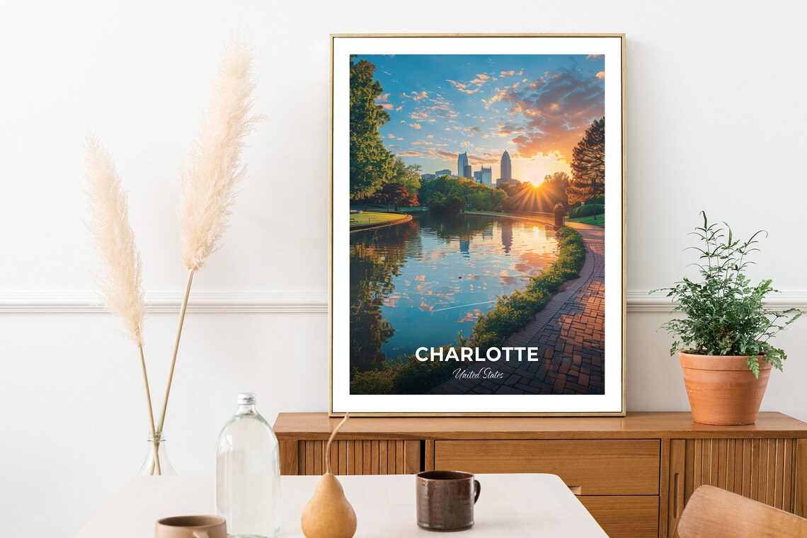 Charlotte North Carolina Park Lake Sunset Skyline Reflections Travel Poster - Image 2