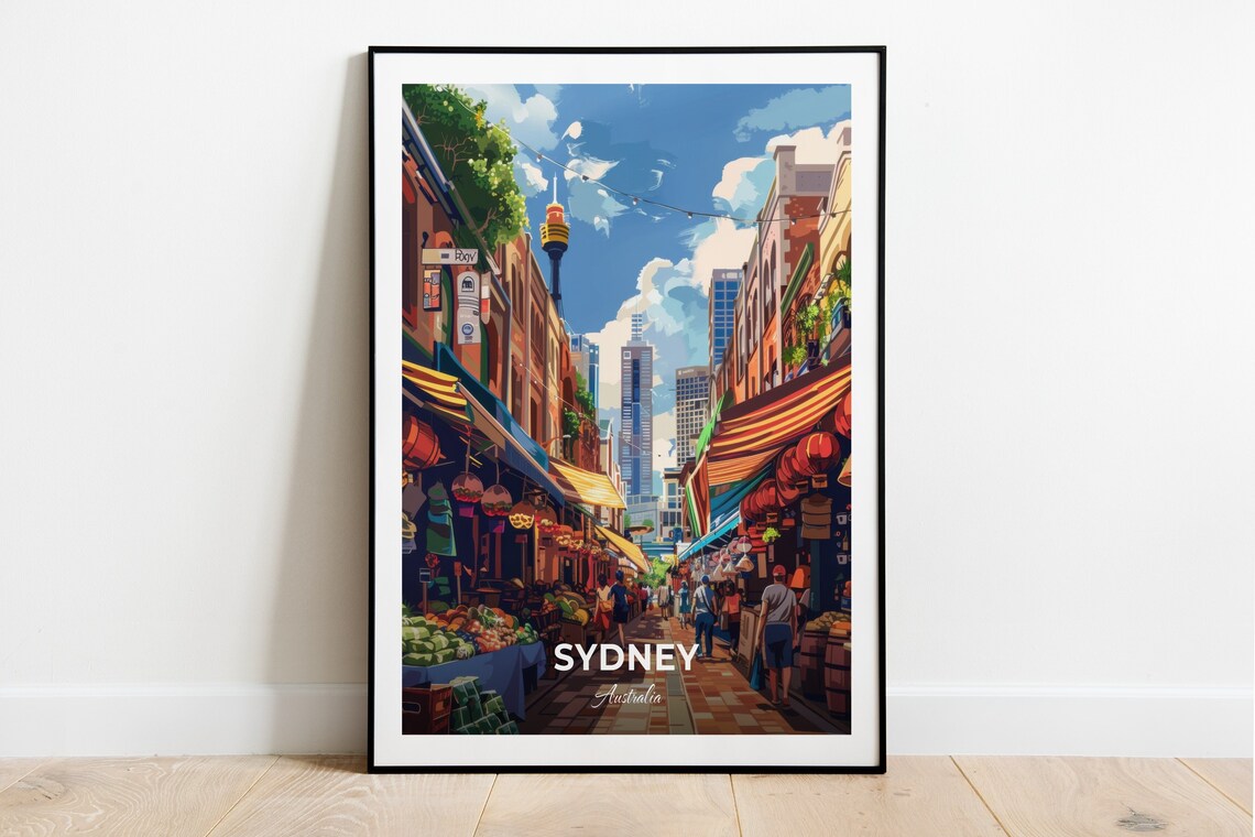 Sydney Australia Bustling Market Street Stalls Under Sydney Tower Poster
