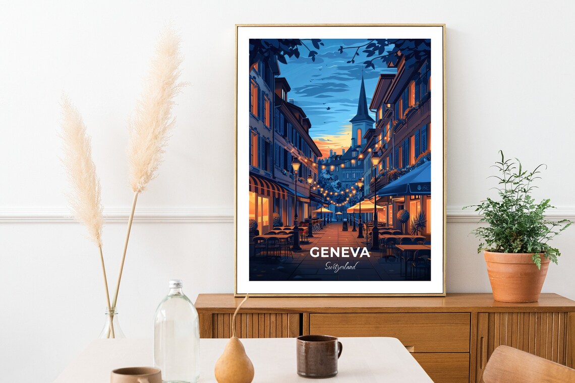 Geneva Old Town Evening Cafe Street Lights Switzerland Night Travel Poster - Image 2