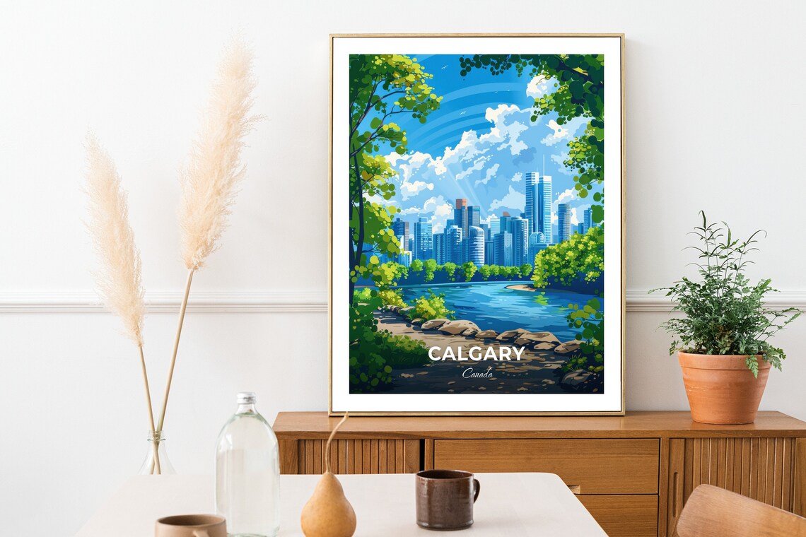 Calgary Canada Skyline River Trees Princes Island Park Sunny Day Poster - Image 2