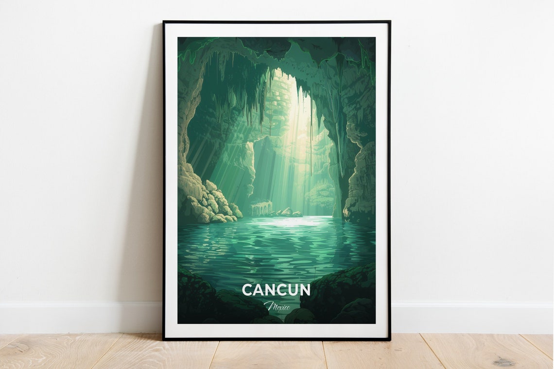 Cancun Cenote Underground Cave Pool Light Shaft Mexico Travel Poster