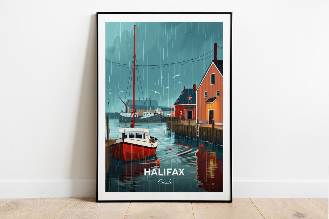 Halifax Canada Rainy Harbor Red Boat Maritime Scene Travel Poster