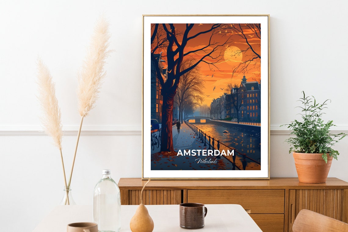 Amsterdam Netherlands Autumn Canal Sunset Walk By The Water Poster - Image 2