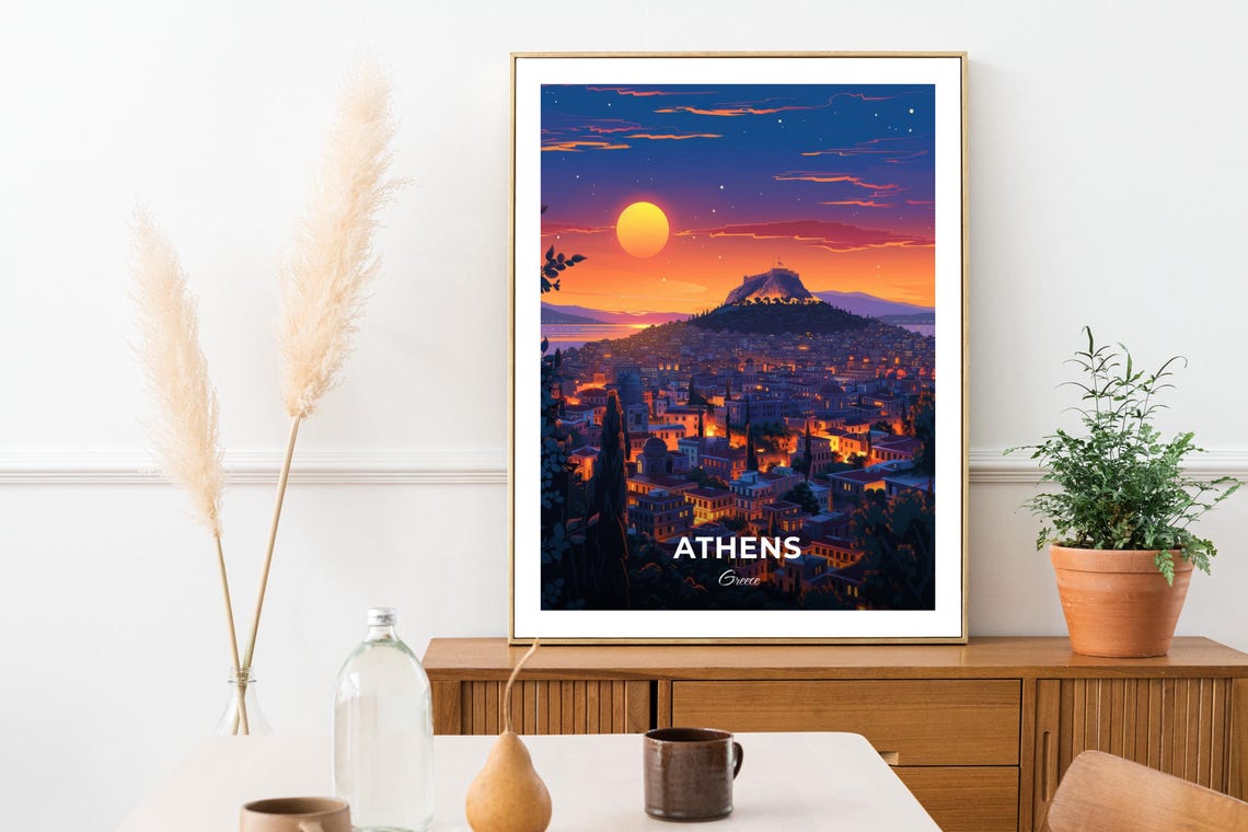 Athens Greece Lycabettus Night City Lights Bright Moon Art Poster - Image 3