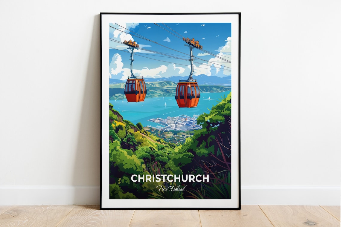 Christchurch New Zealand Gondola Cable Cars Harbor View Travel Poster