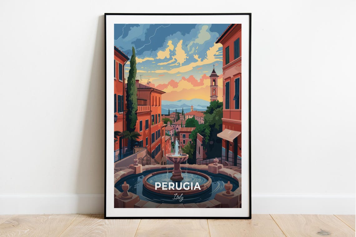 Perugia Italy Historic Fountain Square Old Town Sunset Travel Poster