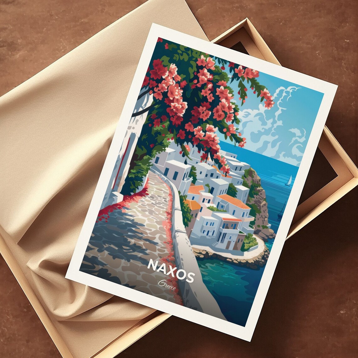 Naxos Greece Whitewashed Old Town Lane Bougainvillea Sea Travel Poster - Image 3