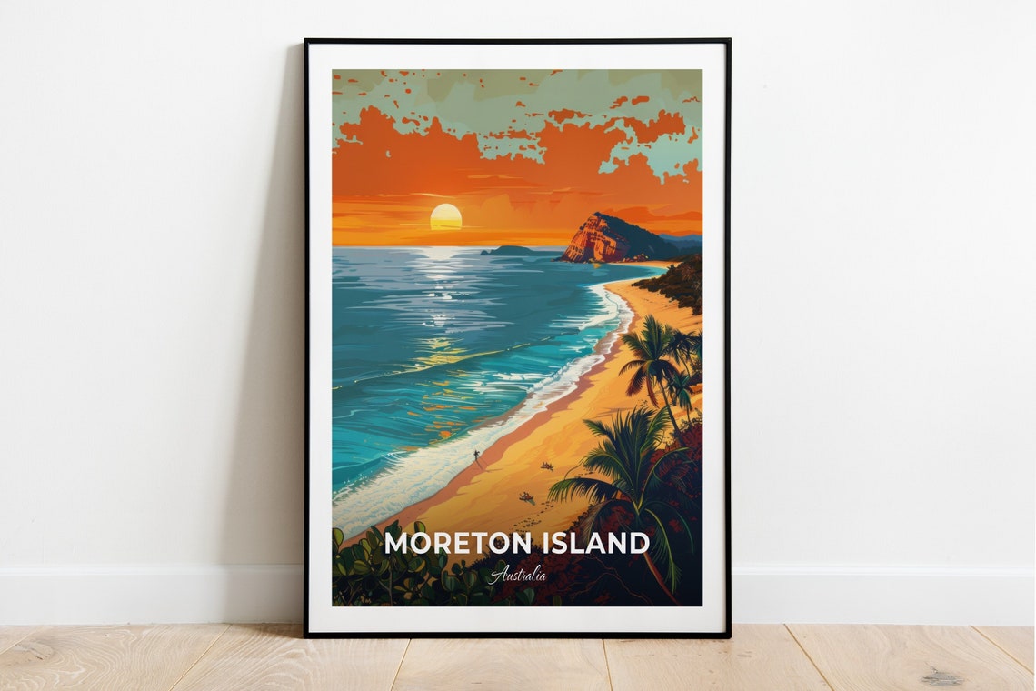 Moreton Island Australia Sunset Beach With Palms and Headland Poster