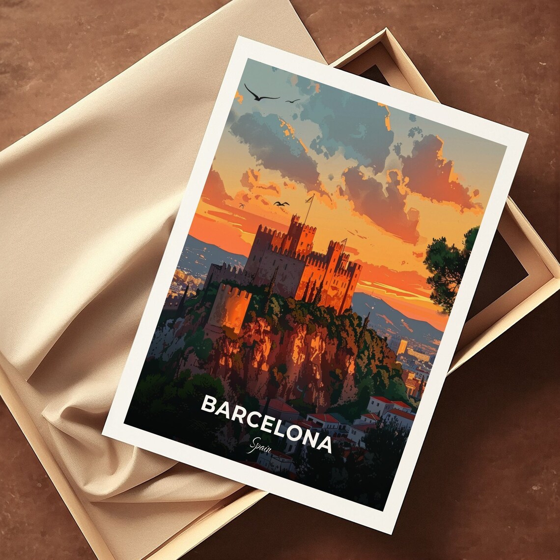 Barcelona Montjuic Castle Hilltop Sunset Over the City Travel Poster - Image 3