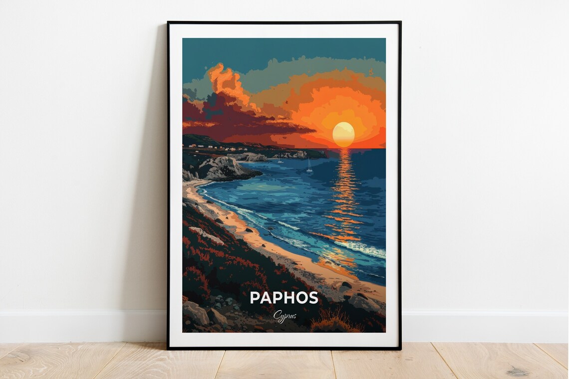 Paphos Cyprus Fiery Ocean Sunset Beach View Travel Art Poster