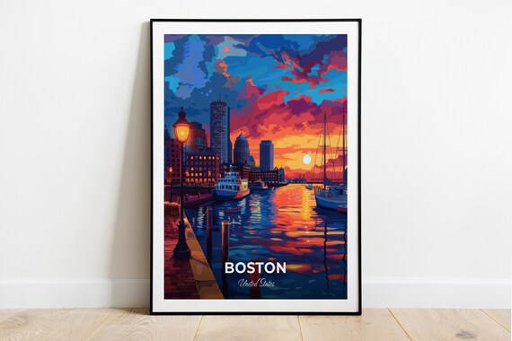 Boston Harbor Glowing Sunset Skyline Cityscape Wall Decor Travel Poster