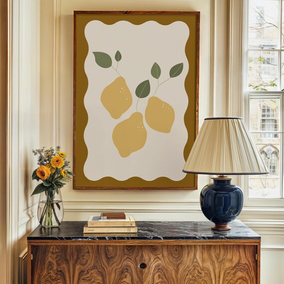 Sunny Lemon Fruit Kitchen Wall Art Wavy Retro Maximalist Decor