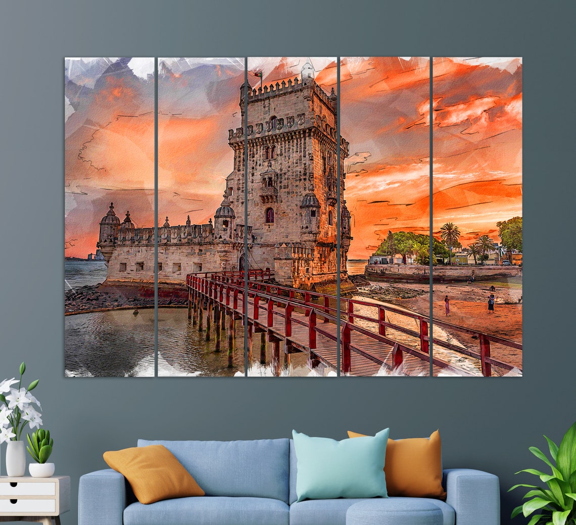 Belem Tower Lisbon Portugal Orange Sunset River Painted Travel Poster - Image 3
